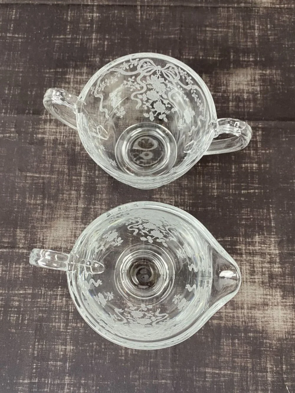 VTG 1940s Fostoria Romance Crystal Creamer Sugar Bowl Set Floral & Ribbon Etched - Picture 6 of 10